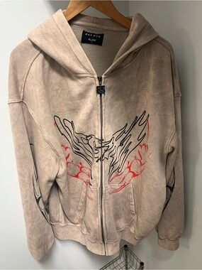 PacSun Beige Hoodie Jacket with Black and Red Graphic